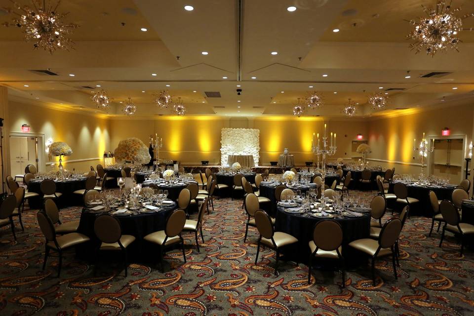 Navy and gold highlight the classic elegance of the grand ballroom