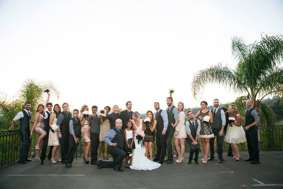 The couple with the bridesmaids and groomsmen