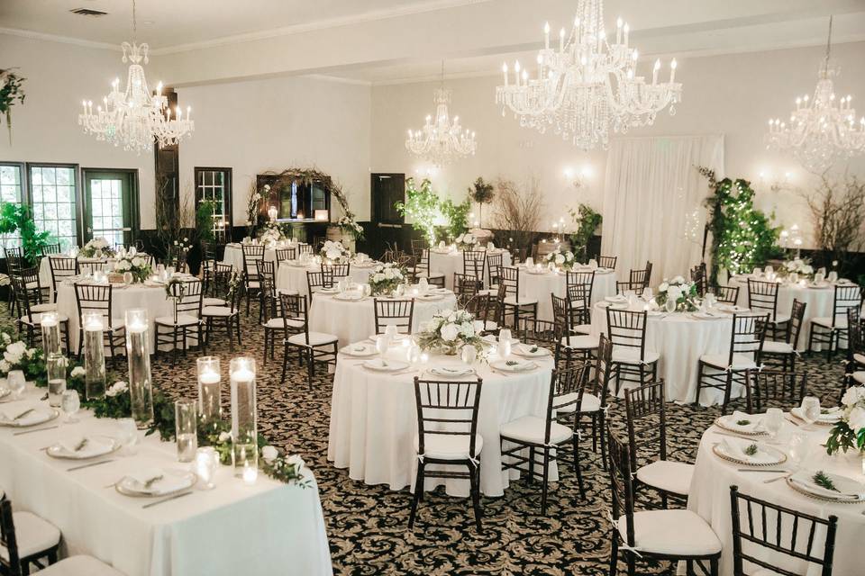 Ballroom is set for dinner