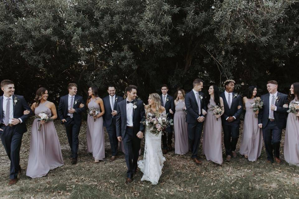 The couple with the bridesmaids and groomsmen