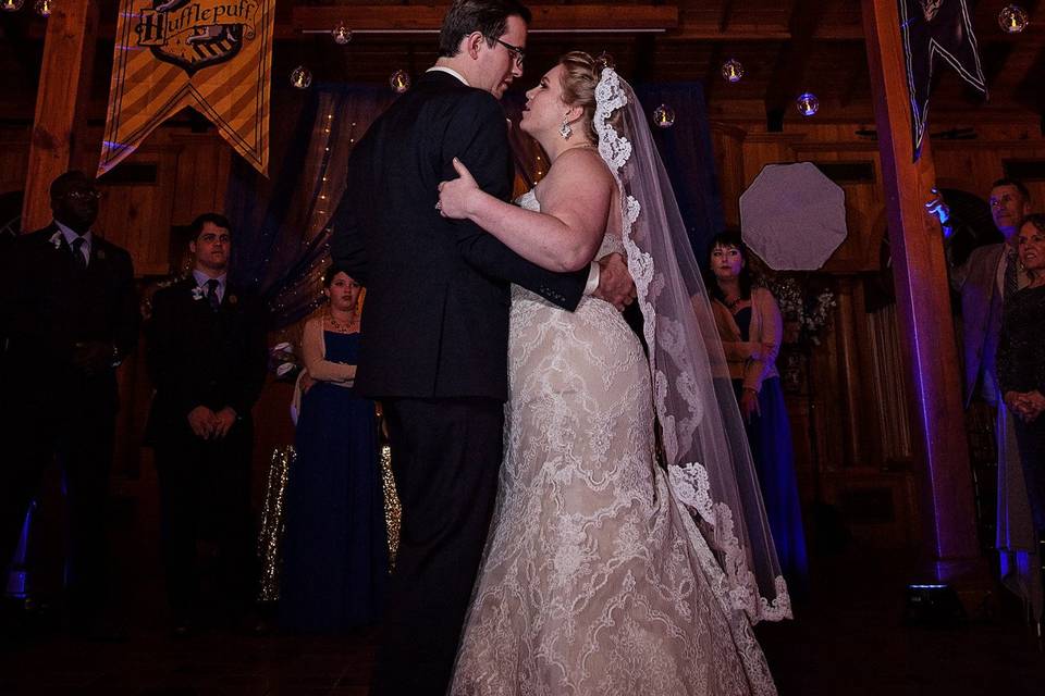 The first dance between the new husband and wife at their romantic Harry Potter themed wedding at Estate on the Halifax in Port Orange, Florida
