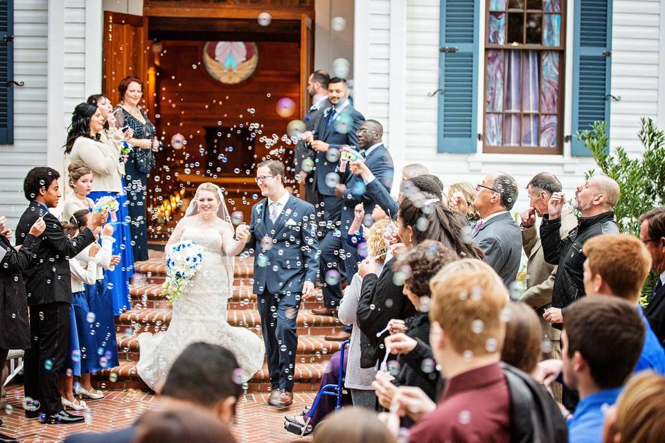 Bubbles! From their romantic Harry Potter themed wedding at Estate on the Halifax in Port Orange, Florida