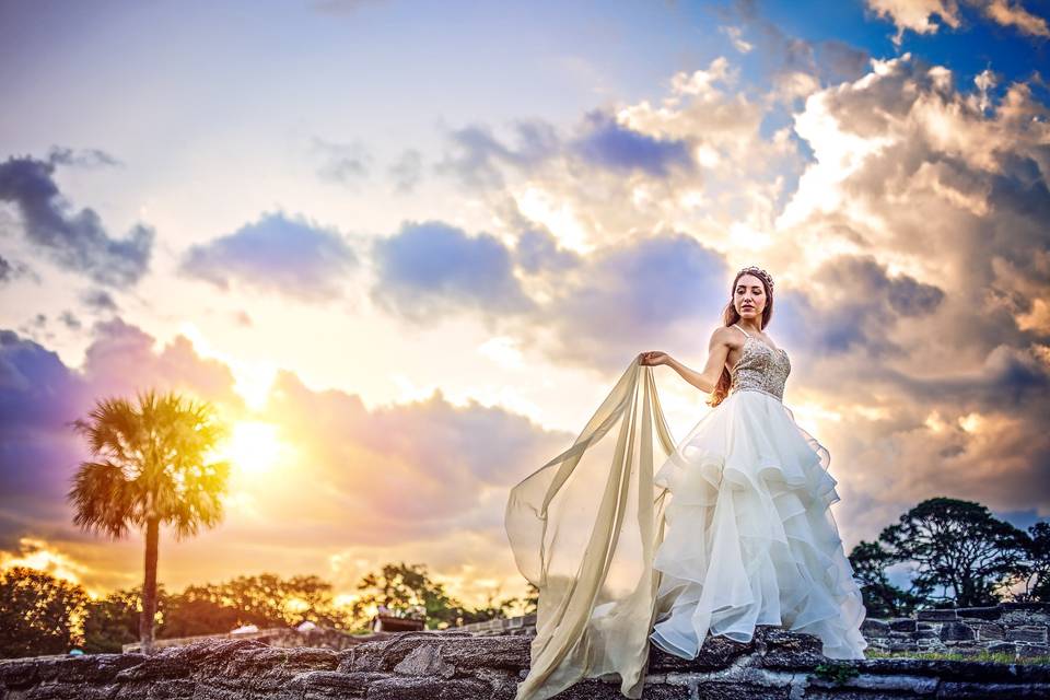 A springtime formal stylized bridal portrait session at the historical fort in St Augustine, Florida
