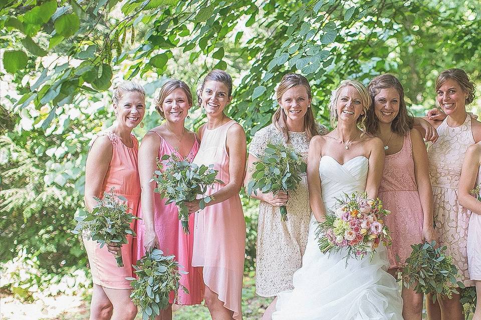 Bridesmaids wedding photo.  Blush pink bridesmaids dresses all different. Photo by Katie Fears