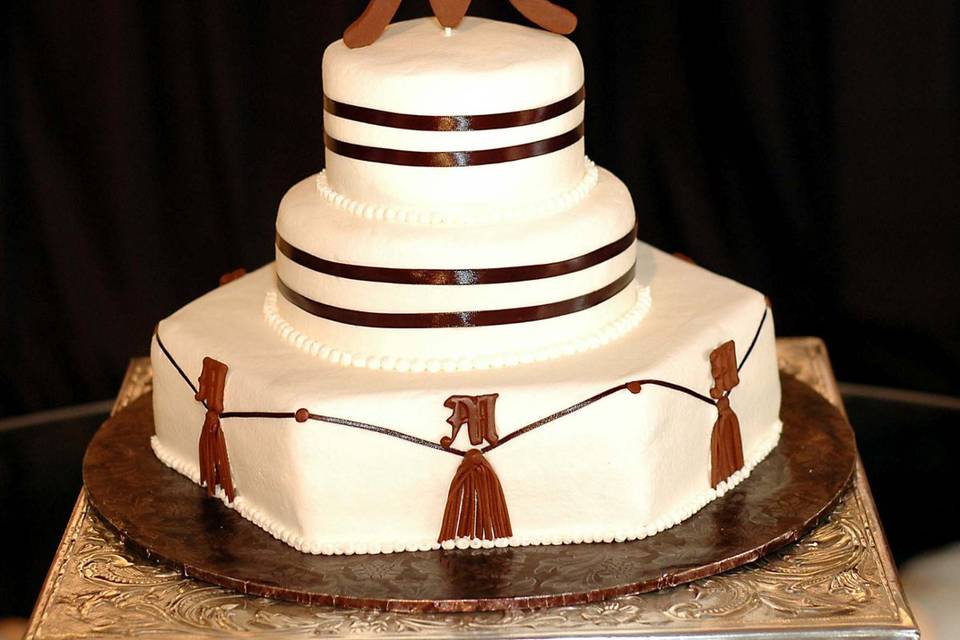 Round & Hexagon Three Tiered Wedding Cake w/ Monogram & Tassels.