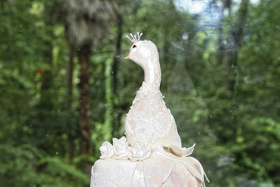 3 Tiered Round Fondant Wedding Cake w/ Sugar Paste topper & Feathers.