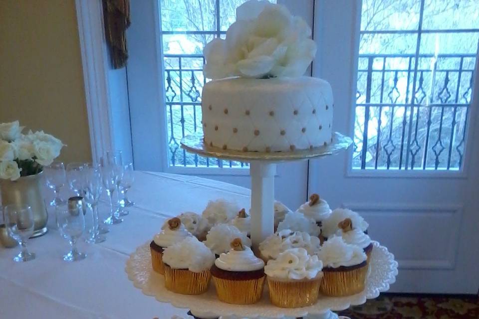 Cupcake Tower Wedding Cake: Vanilla w/ Strawberry, Chocolate w/ Raspberry & Red Velvet w/ Cream Cheese.