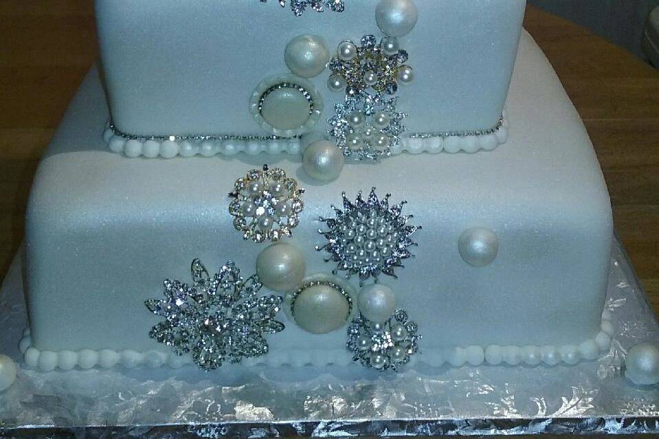 Three Tiered Marshmallow Fondant Square Bling Wedding Cake.
