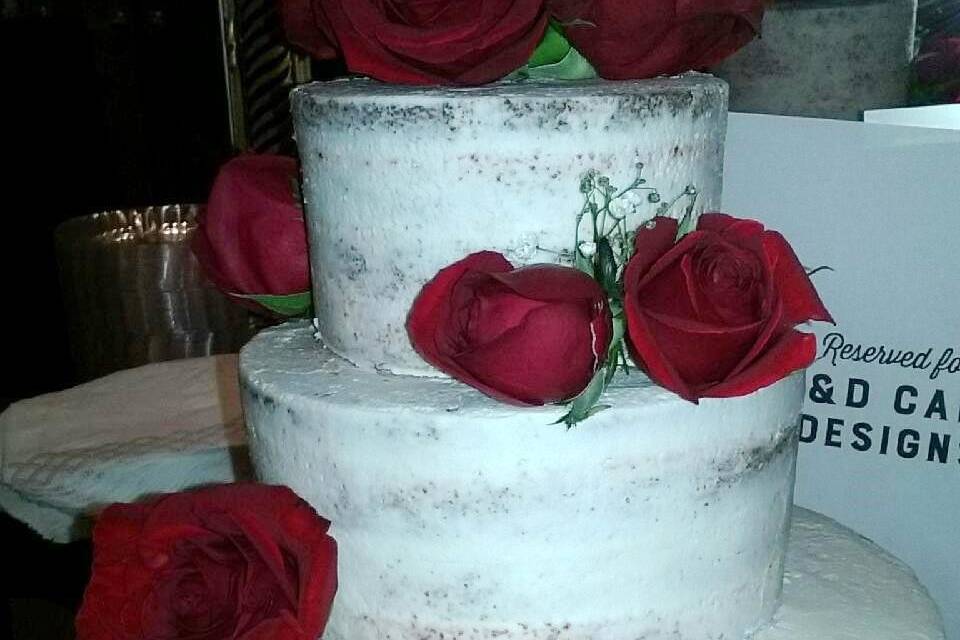 3 Tiered Semi Naked Wedding Cake, w/ Fresh Flowers.