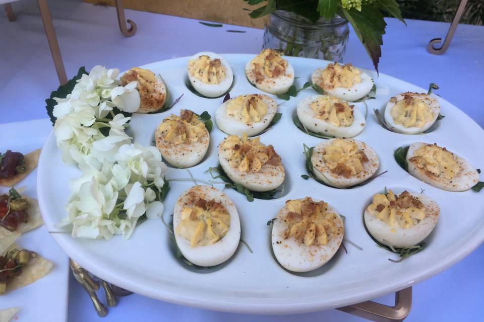 Old Bay Cornichon Deviled Eggs