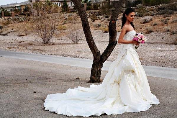 From a photo shoot for Las Vegas Bride Magazine. Model is Andrea Troussaint. Dress by Tux One. MUA by OneLuv. Location is TPC The Canyons.