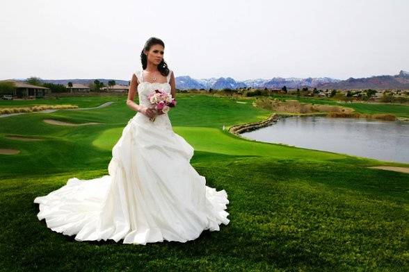 From a photo shoot for Las Vegas Bride Magazine. Model is Andrea Troussaint. Dress by Tux One. MUA by OneLuv. Location is TPC The Canyons.