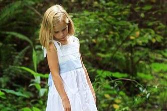 Eco Custom Flower Girl Dress, available in sizes 12M to 8. Made of reclaimed cotton and customer specified accent fabric.