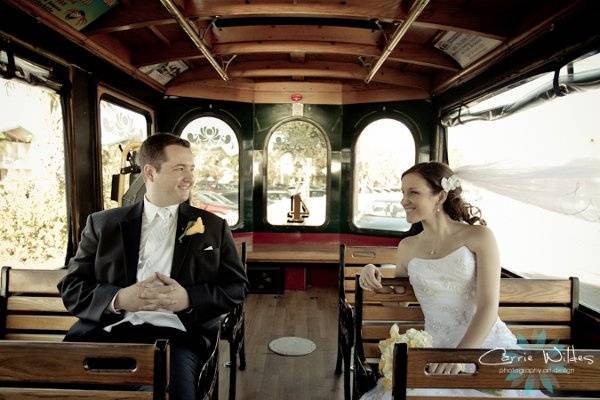 Bride and groom in the trolley