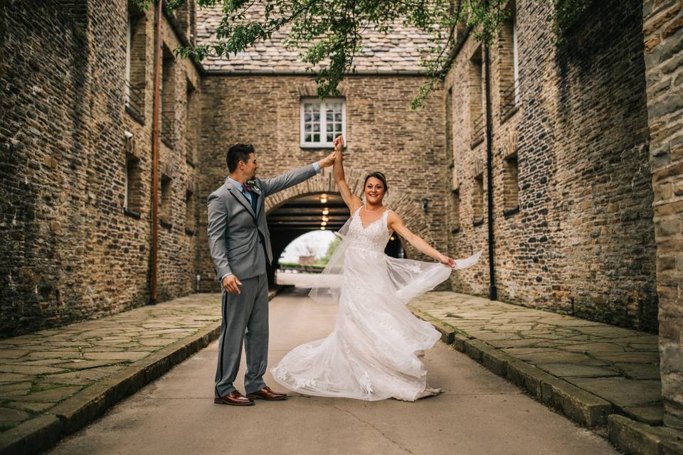 Wedding dress twirls.