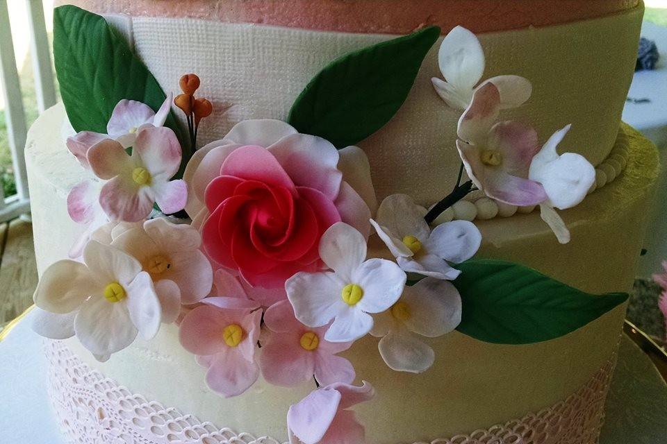 Handcrafted sugar rose and hydrangeas