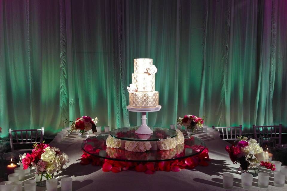 Absolutely and without a doubt, you should pinspot your cake!  But don't forget to give it context...your backdrop can create a soothing bit of spacial context to make it stand out in the room!
