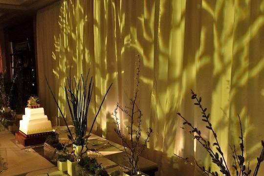 Yes, we can make chartreuse light!  These stunning projected branches were used as a backdrop to the head table, which featured a pinspotted cake at its center.