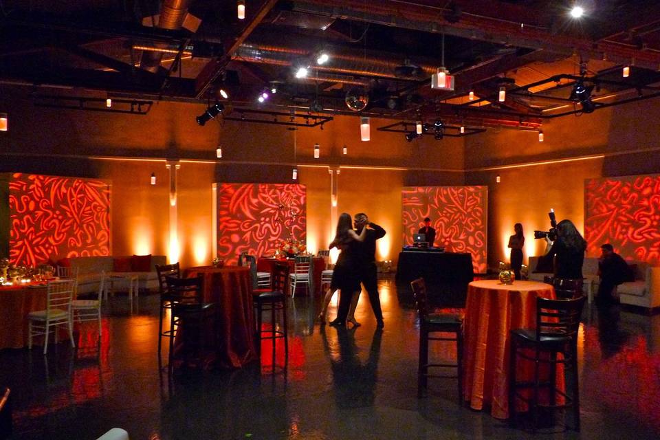 A little Tango Caliente?  Themed events are our favorite!  This included rich reds and golds, a series of carnivale-inspired gobo projections, and our wireless hanging LED lanterns.