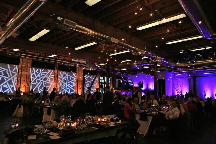 This couple wanted modern, geographic, urban, chic...And we made it happen in this urban venue!  We projected graphic patterns onto the window shades, and created uplighting in cue-able zones, so that different times of the night could have different color themes.  A real attention-getter!