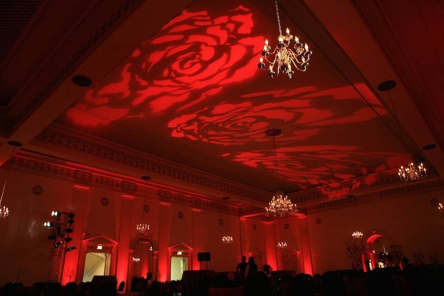 Ahhh...sumptuous and classic!  Large-scale gobo projections on and well-placed architectural uplighting.