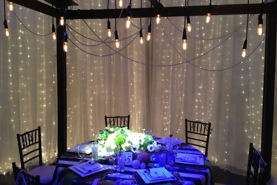 Edison bulb treatments continue to be popular, like this one that was created for a nautical themed table arbor, the decorators purposefully draped roping all around the trellis, and we created cascades of mini string lights behind the sheer drape backdrop.