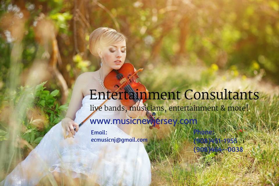 Classical Musicians for your WeddingWe have acoustic and electric violinists for your wedding ceremony  and/or the cocktail hour of your wedding reception.You are cordially invited to visit our website at:http://www.musicnewjersey.comContact us at:Email:  ecmusicnj@gmail.comCall:  (908)464-0038 or  (908)451-1955