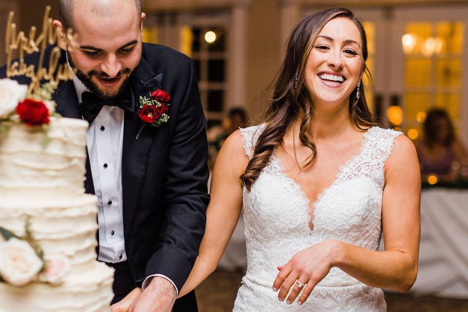 Bride and groom laughing