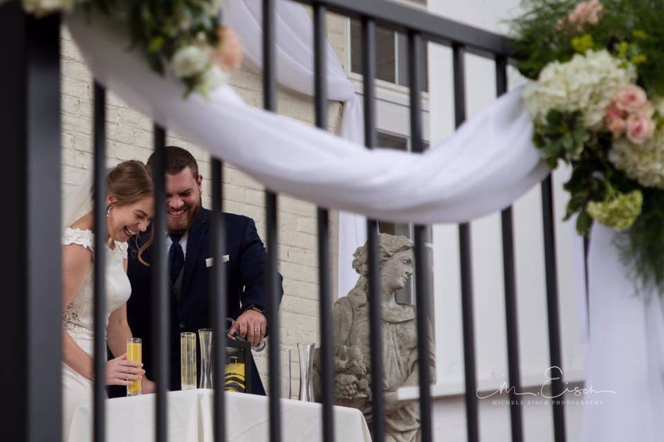 Newlyweds laughing together