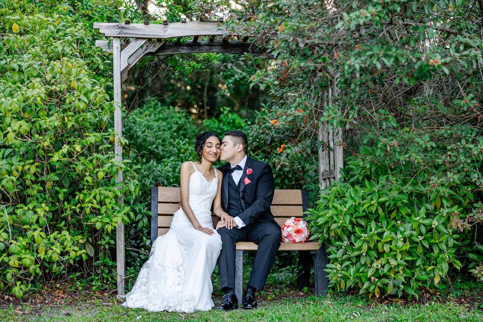 Bride and groom sitting