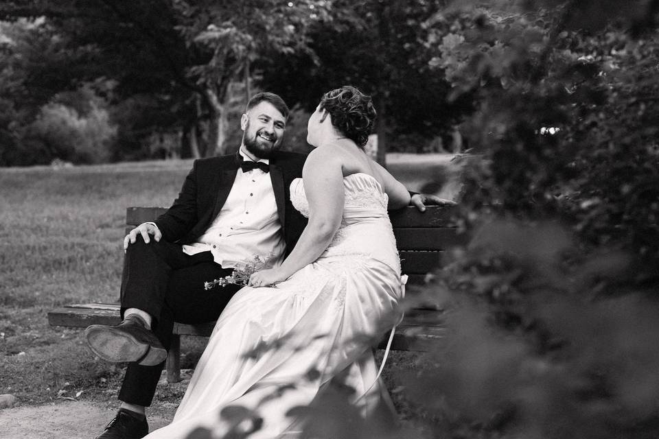 Bride and Groom on a bench