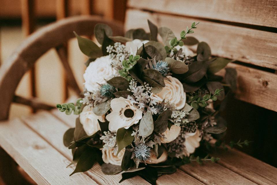 Eucalyptus, thistles & anemone