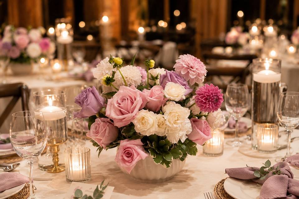 Dahlias and white roses