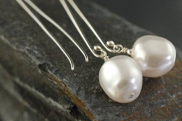 Long Sterling silver Bridal Earrings with White Swarovski pearls