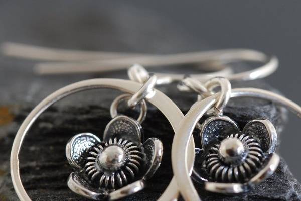 Solid Sterling silver flower dangle earrings, Large