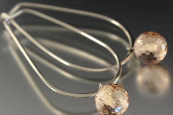 Long OvalSterling silver Hoops with Champagne CZ dangles