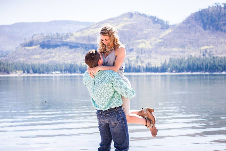 Engaged at a lake