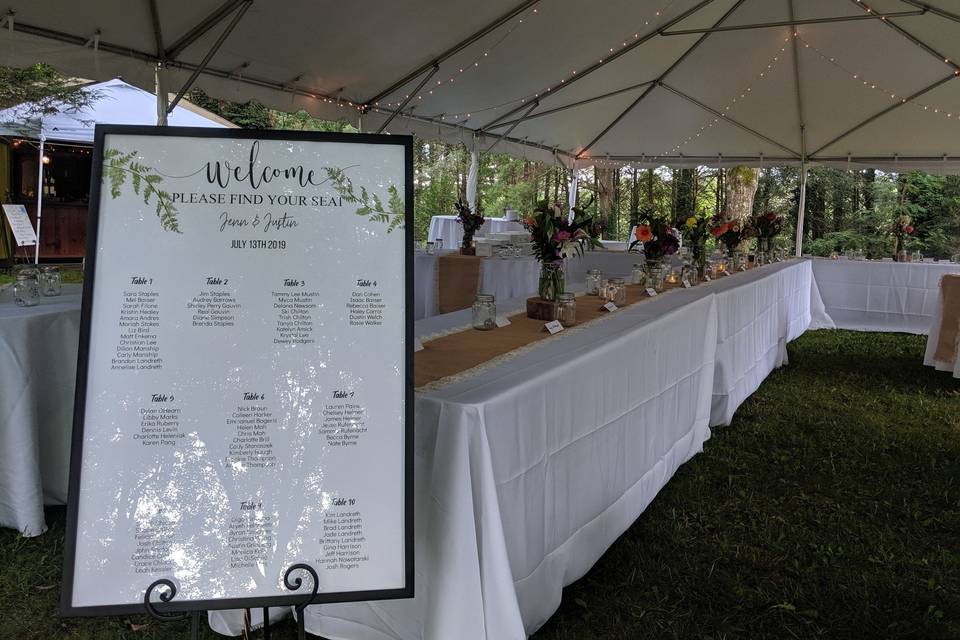 Reception tent with signage