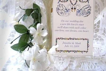 Sample  Wedding/Bridal design (Two Swans) shown on Personalized Flower Seed packet wedding favor.