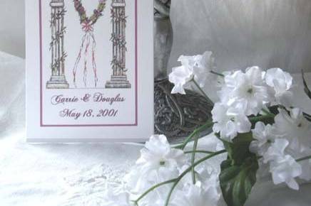 Sample  Wedding/Bridal design (Two Grecian/Roman type Columns with Heart) shown on Personalized  Flower Seed packet wedding favor.