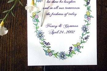 Sample  Wedding/Bridal design (Oval border of assorted flowers) shown on Personalized Flower Seed packet wedding favor.