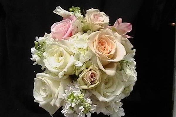 Beautiful bridal bouquet with pink and peach roses, white hydrangeas and stock.  $85