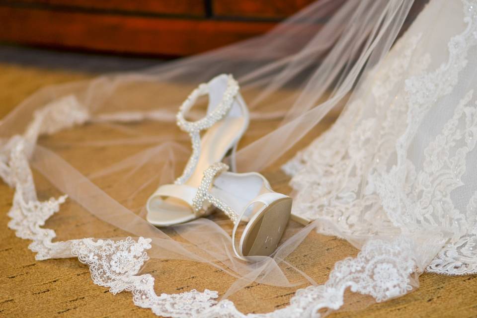 Dress train and wedding shoes