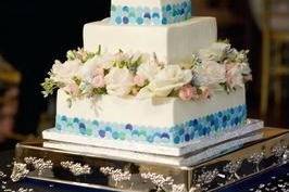 White cake with blue accents