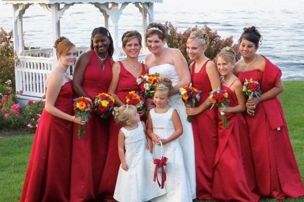 Bride, bridesmaids, and flower girls