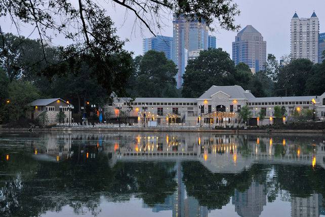 Greystone from across lake clara meer at dusk