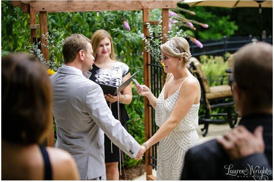 The couple created their own vows to share with one another at their intimate backyard ceremony.