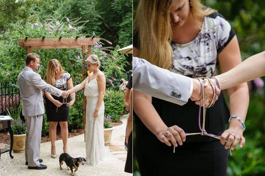 The couple opted for a traditional handfasting as a part of their ceremony.  They chose colored cords to represent each of their personalities coming together.