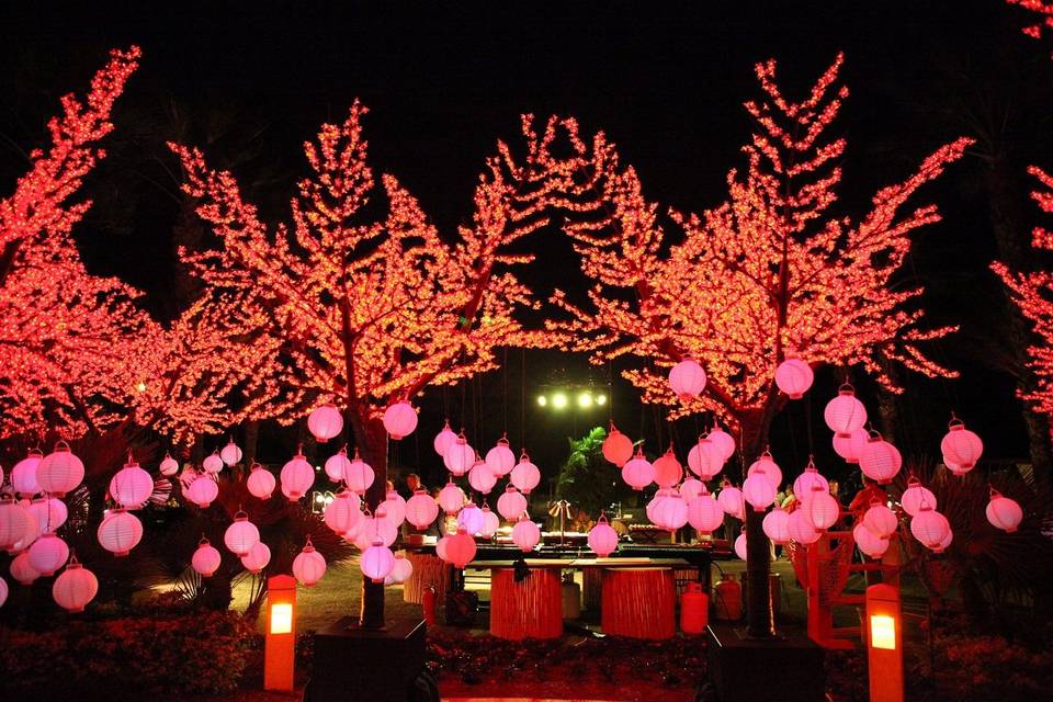 Create an interactive focal point by asking your guests to hang lanterns from our lighted cherry trees.