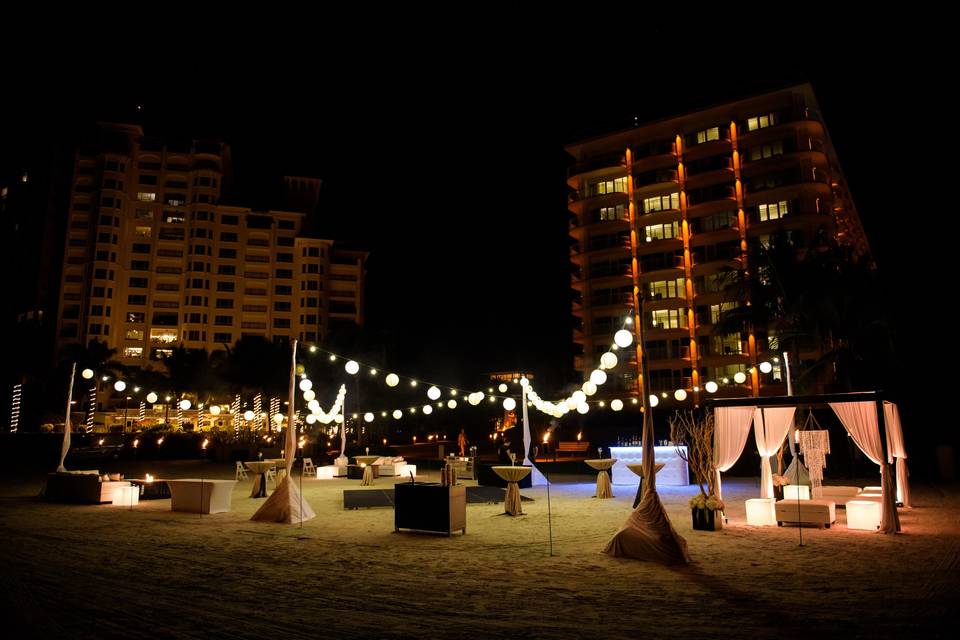 Beach afterparty complete with lounge spaces, open bar, dessert station and dance floor